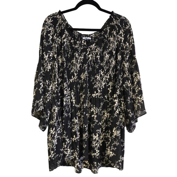 Floral & Ivy Black White Floral Print Sheer Blouse Bell Sleeves Womens 1X Lightw - Picture 1 of 9